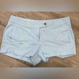 J.Crew Chino City Fit Flat Front Shorts in light blue with swan embroidery